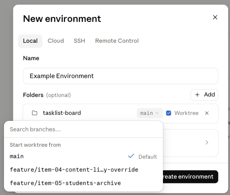 The New environment dialog on the Local tab. A folder with Worktree ticked shows a branch picker for choosing which branch the worktree starts from.