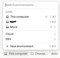 The environment picker under the message box. Local environments get keyboard shortcuts, and New environment is ⌥⌘0.